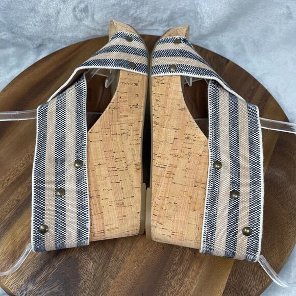 Lucky Brand Sandals 9.5 M Platform Wedge Blue Striped Linen Cork Heel Miller2 - Picture 7 of 14